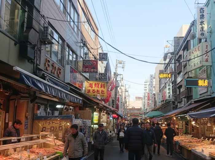 Tsukiji Outer Market food stalls with fresh meat, seafood and grilling stations