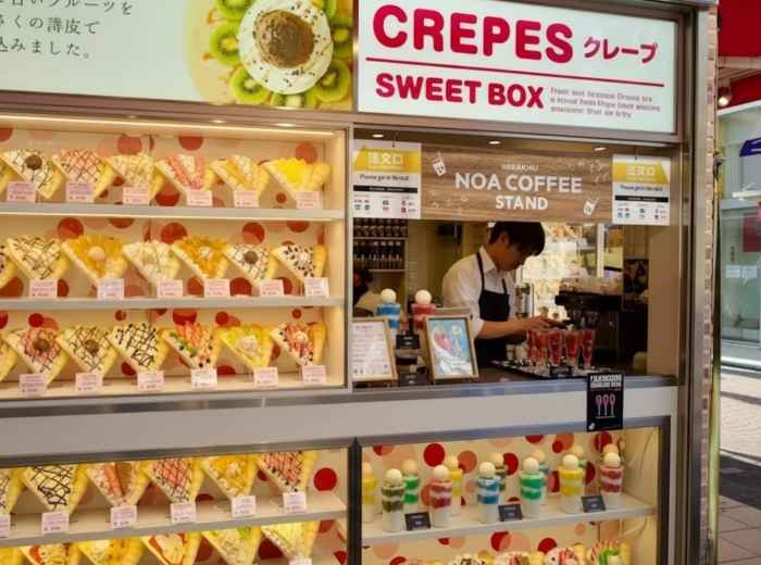 Colorful crepe stand on Takeshita Street in Harajuku with sweet dessert options