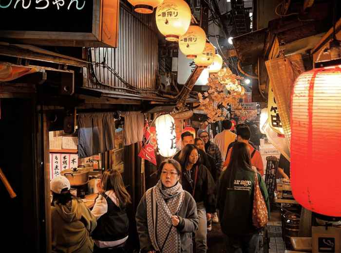 Harmonica Yokocho narrow alley in Kichijoji with traditional izakaya fronts