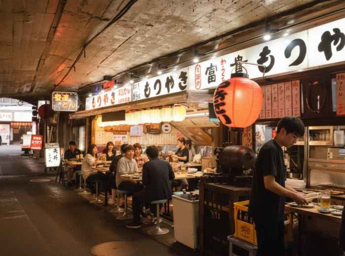 Yakitori alleys under train tracks in Yurakucho and crowds