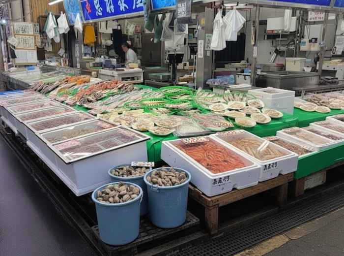 Kanazawa Omicho Market fresh seafood displays