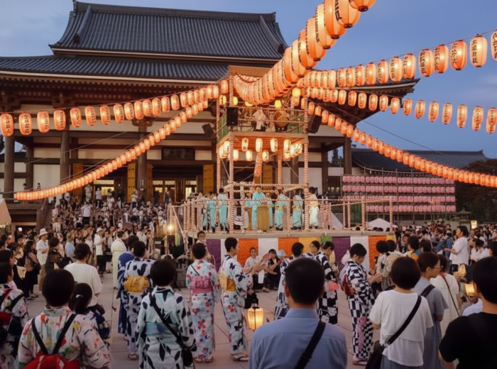 Summer festival dancers under lanterns during evening celebrations