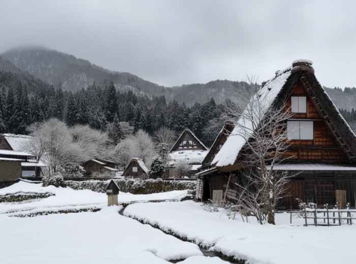 Japanese Alps village covered in deep winter snow