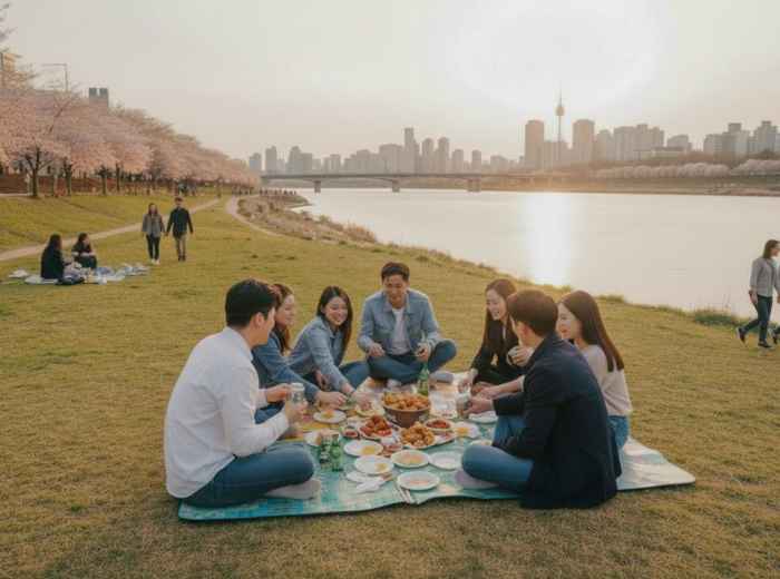 Friends sharing an early picnic along the Han River