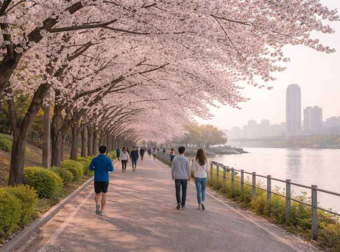 Early morning cherry blossom walk along the Han River in Yeouido