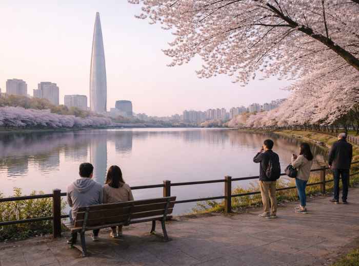 People pausing along Seokchon Lake during cherry blossom season