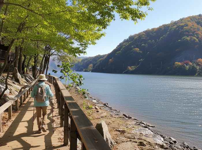 Tree-lined path at Nami Island next to the water