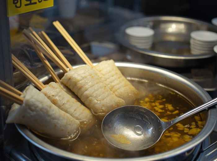 Eomuk fish cake skewers simmering in anchovy broth at a Seoul street stall