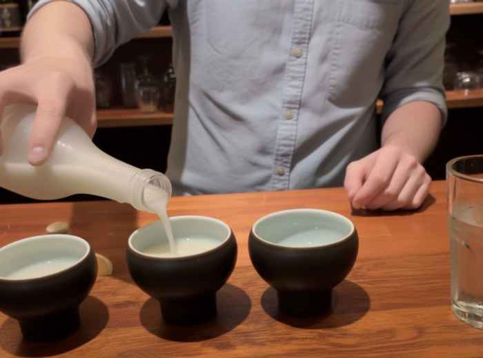 A bartender pouring makgeolli for a tasting