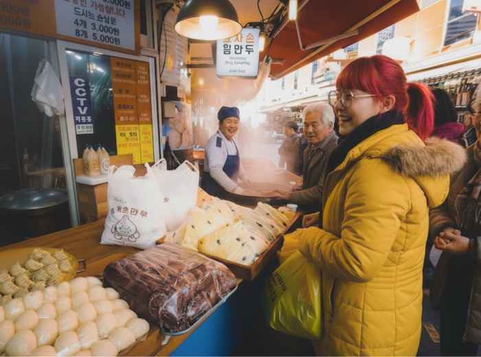 Crowded Namdaemun Market alley with steam rising from food stalls