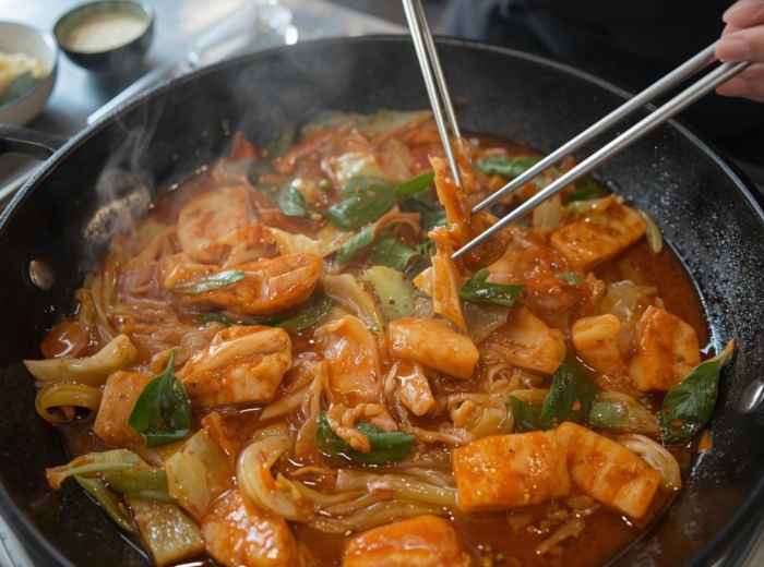 Dakgalbi cooking in a pan on Chuncheon restaurant table