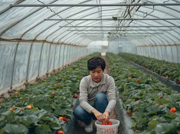 Strawberry picking inside greenhouse near Yongmun in spring