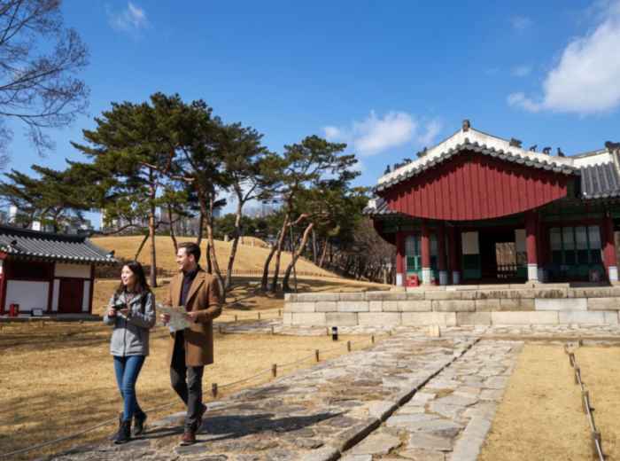 Visitors walking near Seonjeongneung Royal Tombs in Gangnam