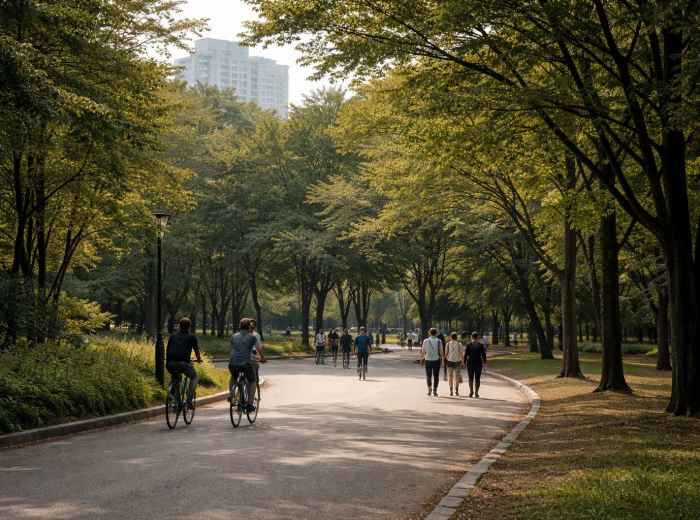 People walking and cycling in Seoul Forest Park