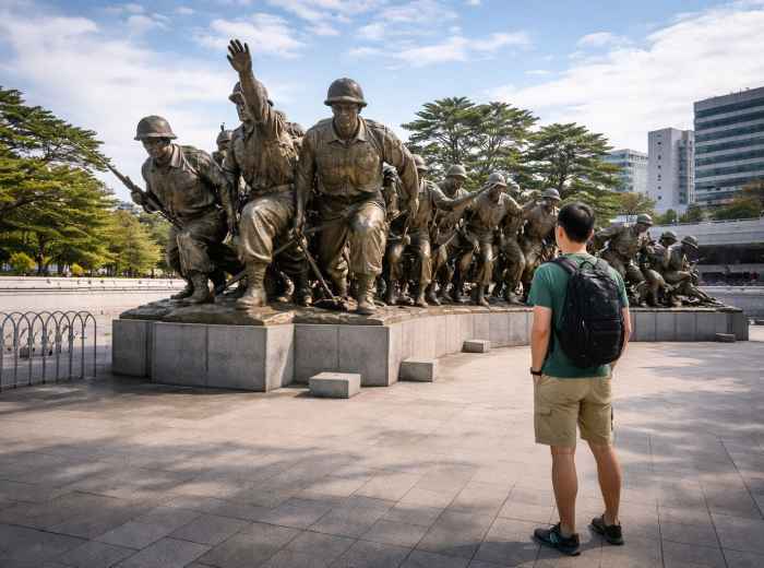 War Memorial of Korea statue viewed from behind a quiet visitor