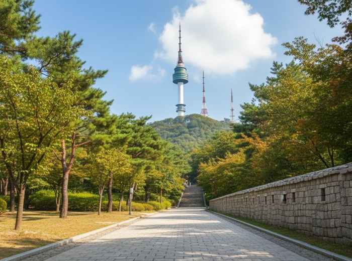 Stone path through Namsan Park leading toward Seoul Tower