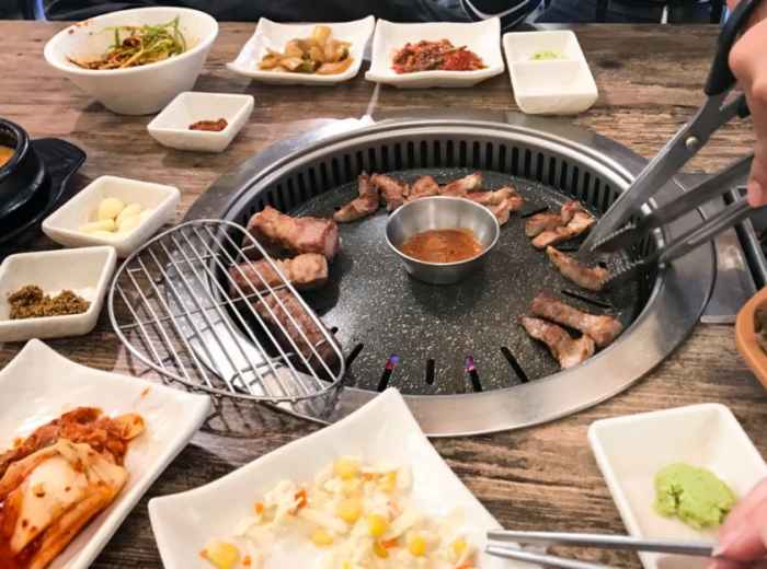 Korean BBQ dinner shared around a tabletop grill in Seoul