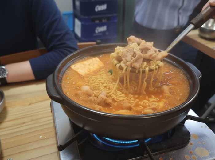 Clay pot of Kimchi Jjigae bubbling with pork belly and tofu