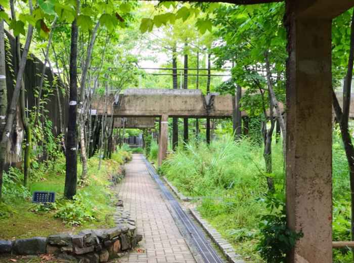Concrete beams and trees line a quiet path at Seonyudo Park