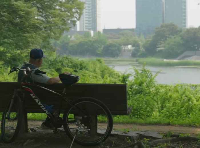 Local man resting with Han River view from a wooded Seoul hillside