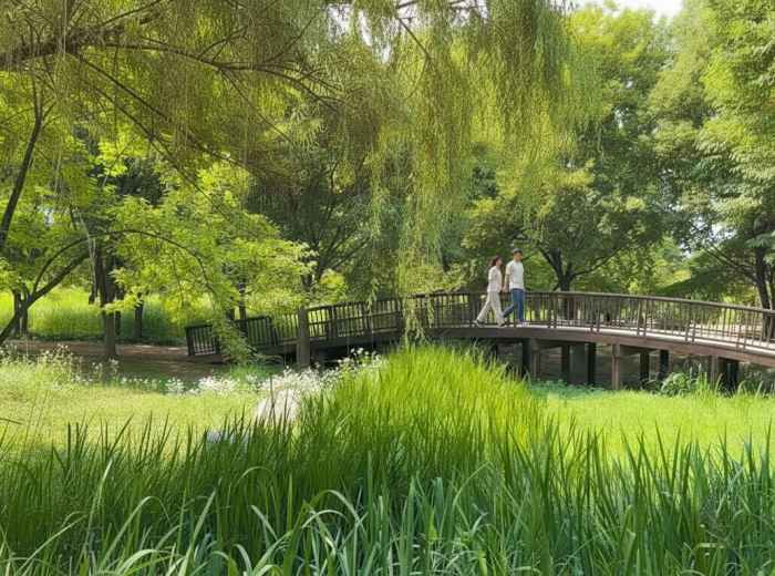 Couple crossing a wooden boardwalk above blooming wetlands at Seoul Iris Garden