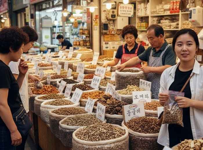 Locals purchasing dried roots and medicinal herbs at Gyeongdong Market