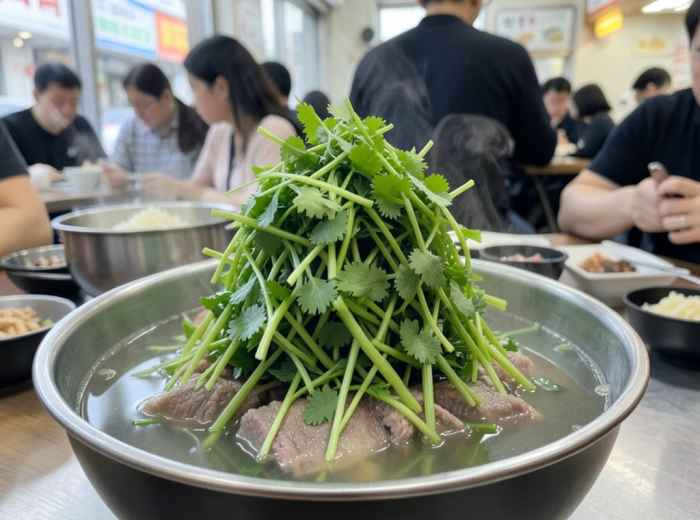 Minari gomtang with a generous mound of fresh greens in clear beef broth