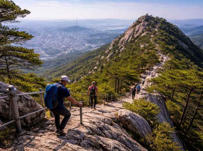 Granite ridge hike in Bukhansan overlooking central Seoul