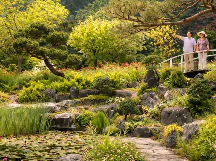 Garden of Morning Calm in May with couple on bridge