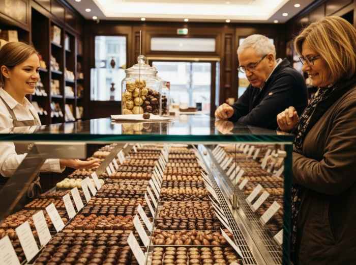 Family choosing pralines inside a Brussels chocolate shop