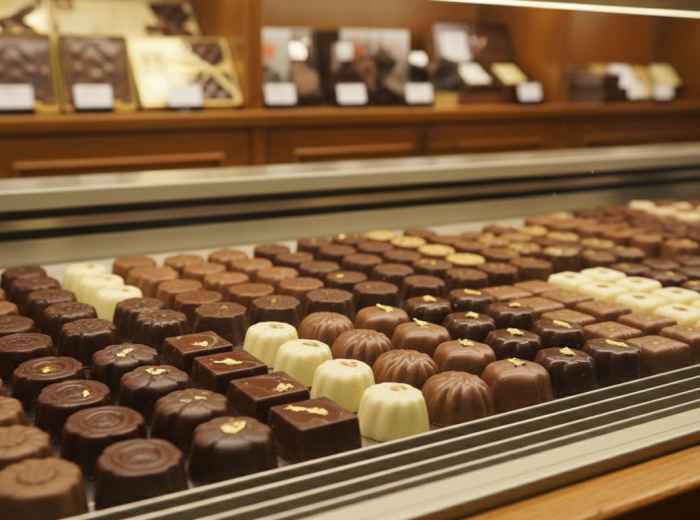 Assorted pralines in Wittamer shop display in Brussels