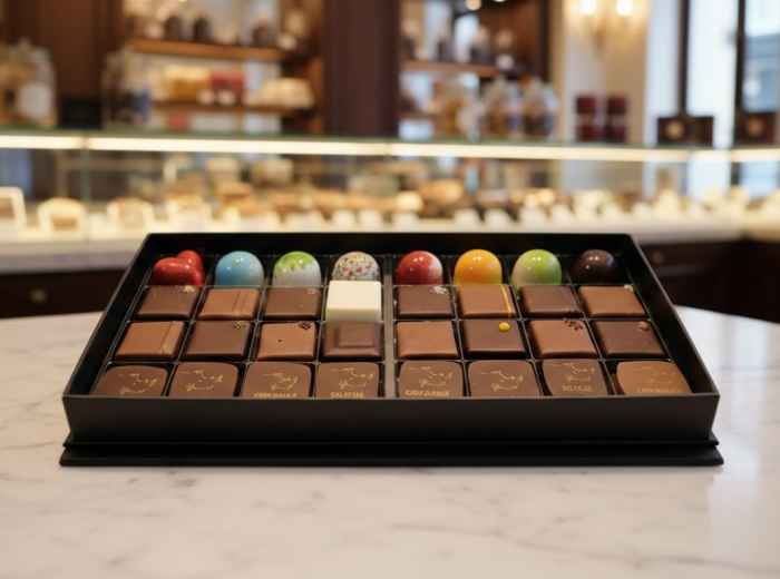 Van Dender praline selection box on boutique counter