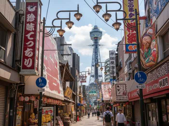 Street in Shinsekai with Tsutenkaku in the background