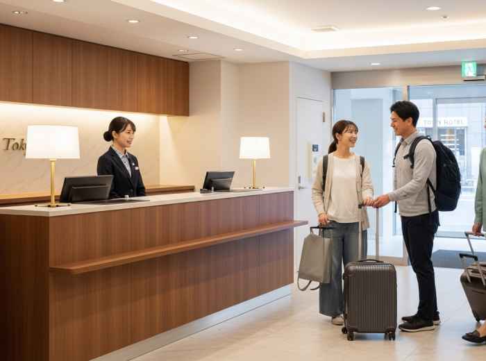 Travelers checking in at a hotel in Japan