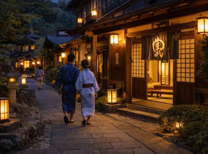 Guests returning to a ryokan at dusk in Japan