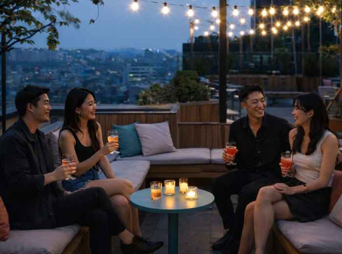 Friends with cocktails on a Hongdae rooftop terrace at dusk