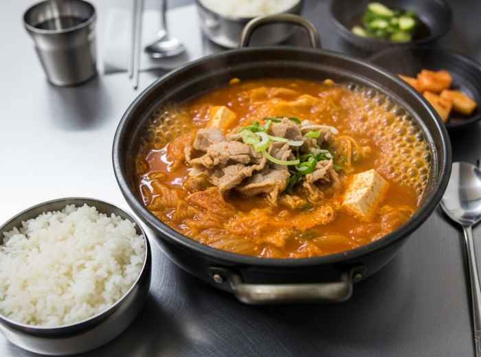 Kimchi jjigae with rice on a simple late-night Seoul table