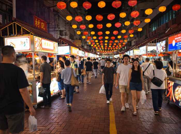 Lantern-lit market lane on Temple Street at night