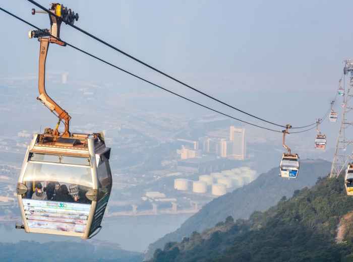 Ngong Ping 360 cable cars crossing the hills on Lantau Island