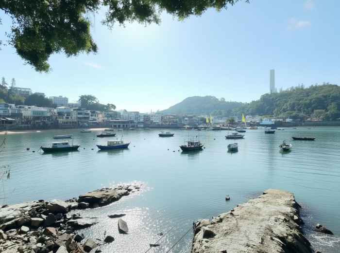 Lamma Island harbor with boats, shoreline homes, green hills and calm sea beyond