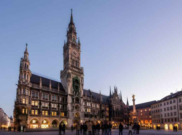 Marienplatz Town Hall illuminated after dark in Munich