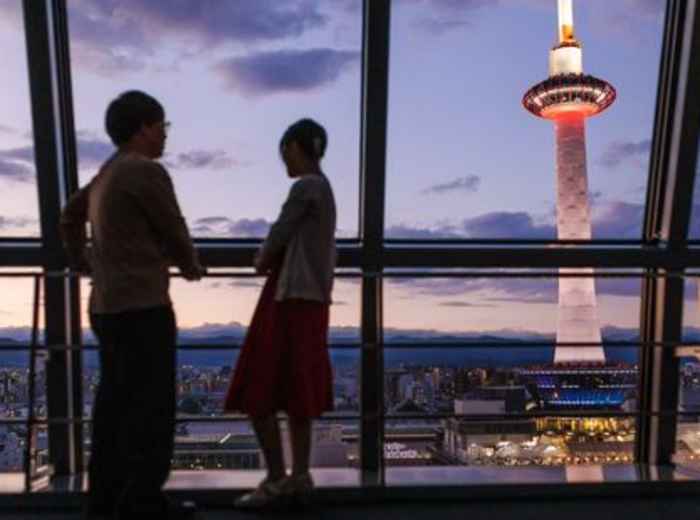 Kyoto Tower view at dusk from Kyoto Station