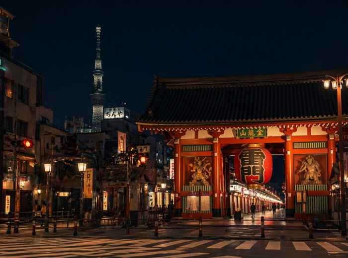 Sensoji Temple’s Kaminarimon gate glowing over a quieter Asakusa night