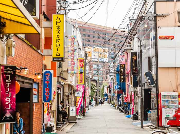 Quiet Yakuin side street with local shops and everyday life