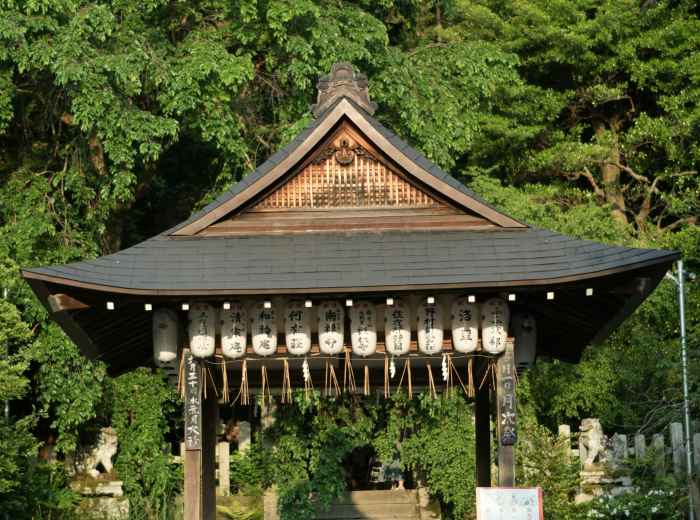 The distinctive architecture of Sumiyoshi Taisha with its curved rooflines against morning sky
