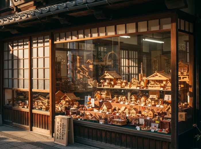 A traditional craft shop with wooden items displayed in the window