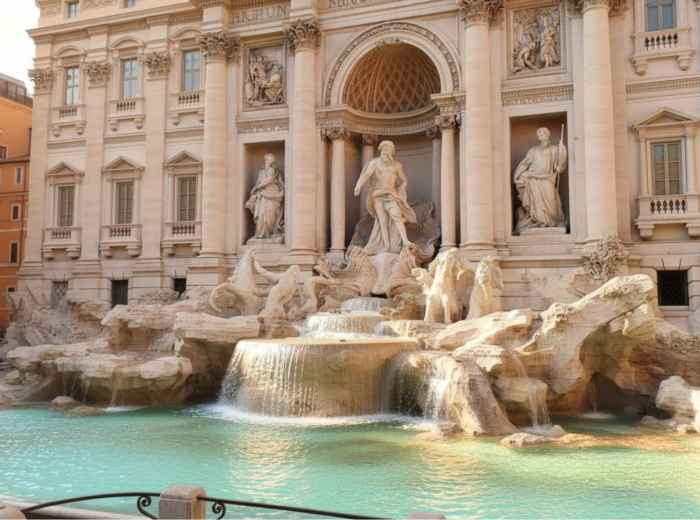 Trevi Fountain at dawn with morning light reflected in water