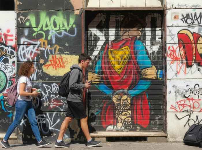 Street art mural with university students walking past