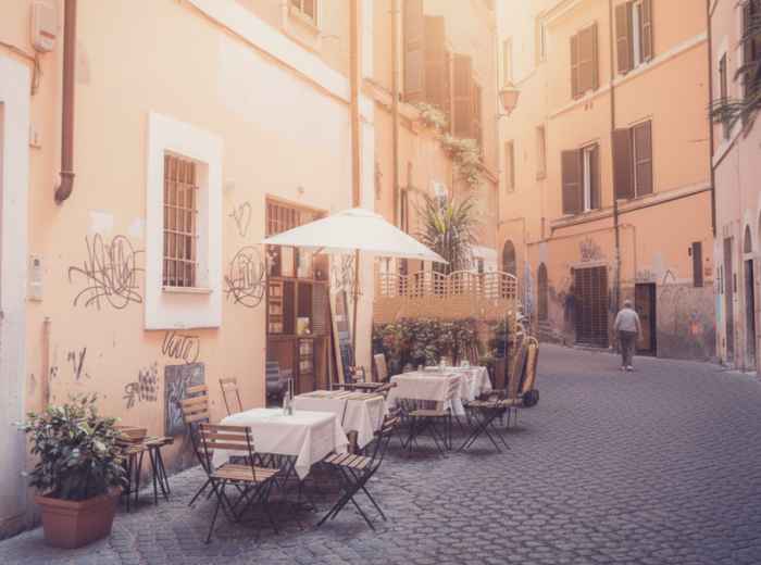 Empty Trastevere street at sunrise with cafe owner opening shutters