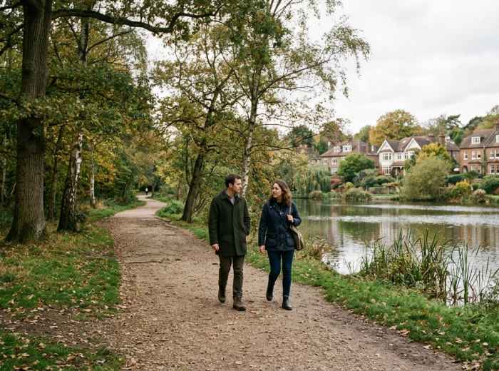 A peaceful Hampstead Heath path lined with trees and quiet homes by water